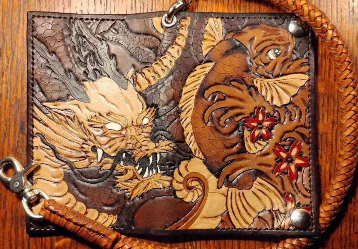 new tooled leather koi fish and dragon bifold wallet