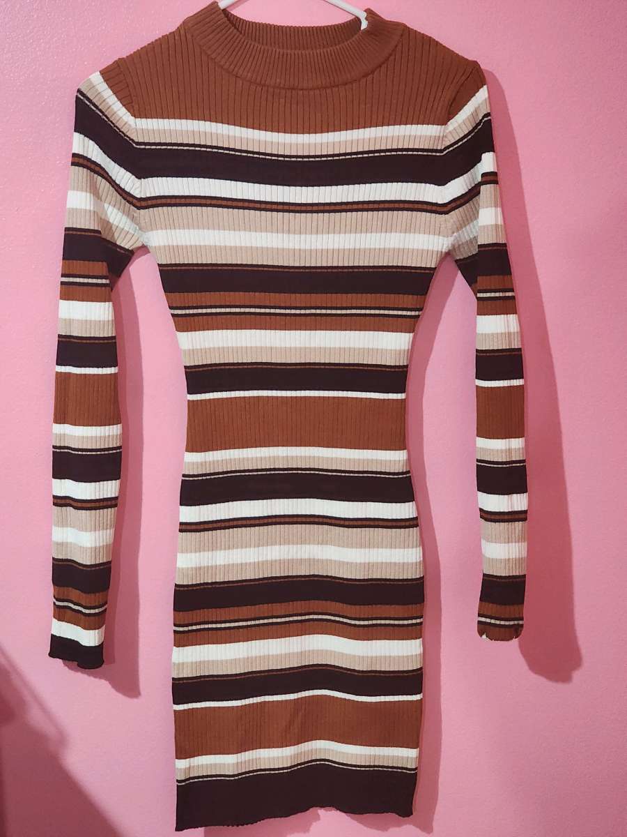 Womens Brown Striped Bodycon Sweater Dress  Long Sleeve
