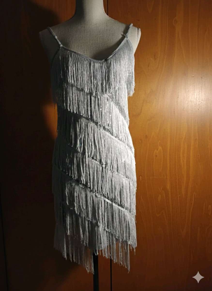 Glam Womens Fringe Party Dress Size Small Silver Sequin Spar