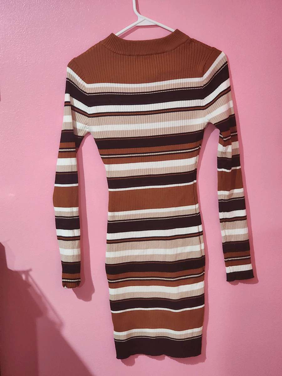 Womens Brown Striped Bodycon Sweater Dress  Long Sleeve