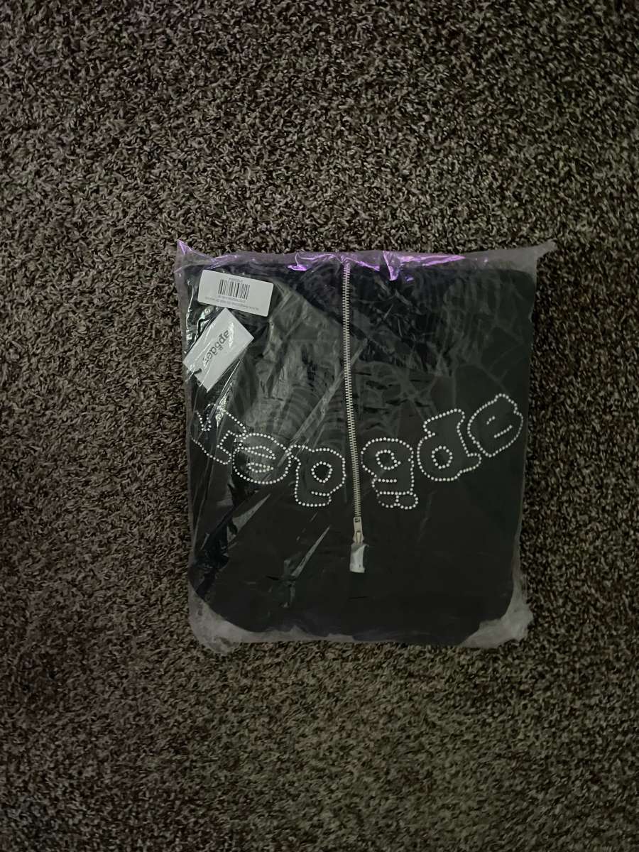 Sp5der Black Rhinestone Web V2 Zip Up hoodie