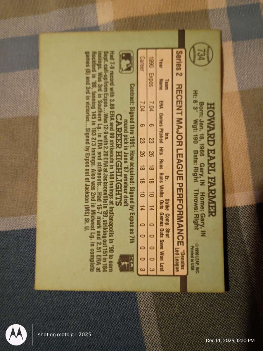 Howard Farmer Baseball Card