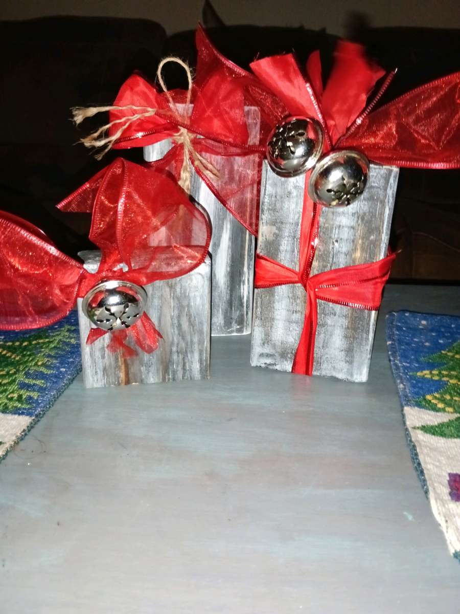 small wooden blocks made into Christmas decorations