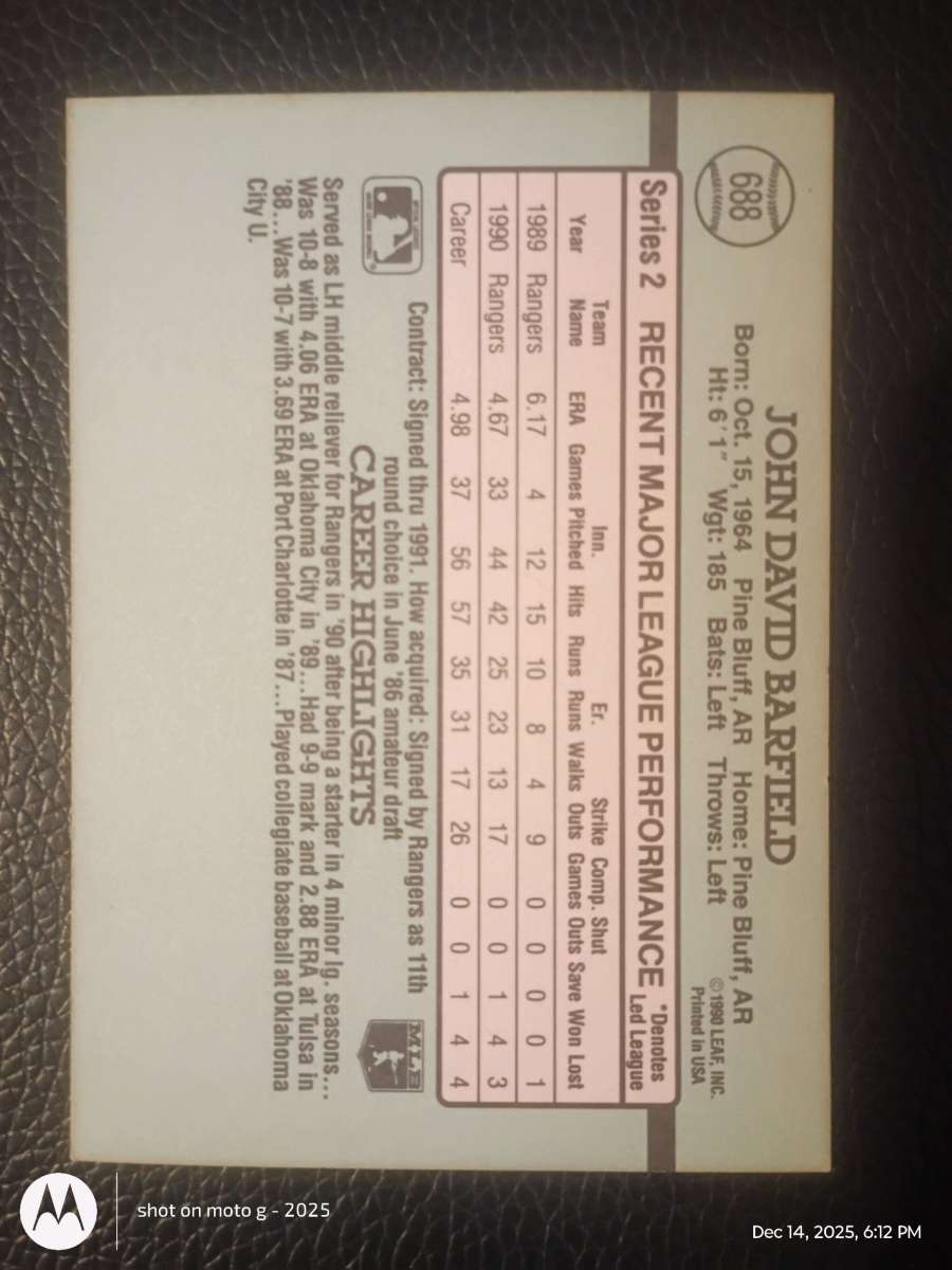 John Bartfield Baseball Card