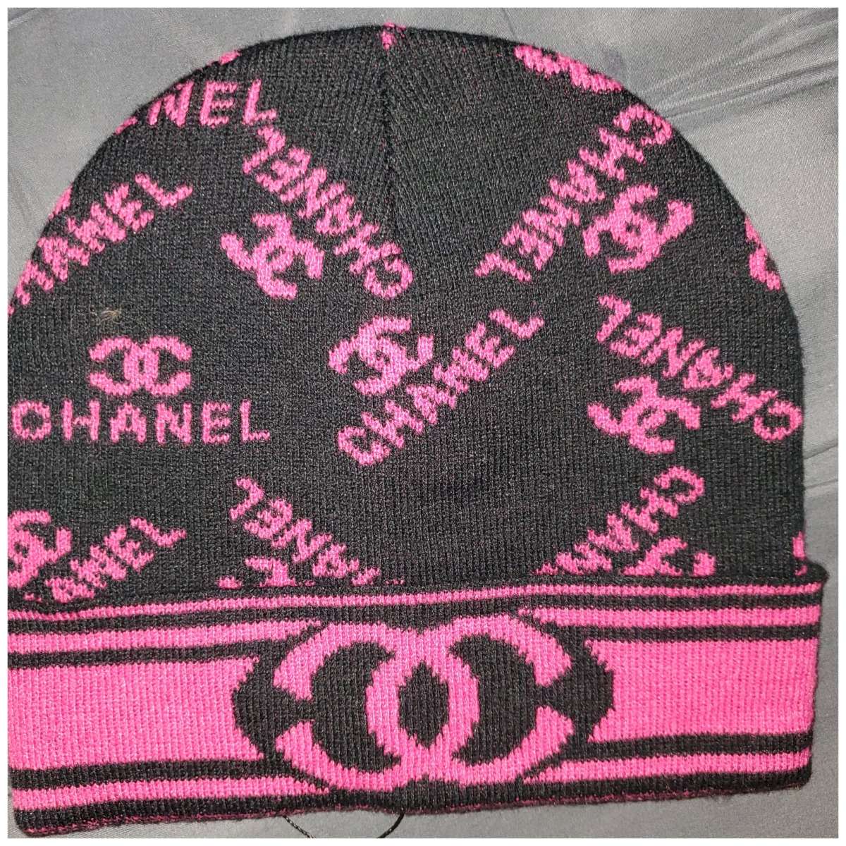 Chanel Black and Pink Logo Beanie