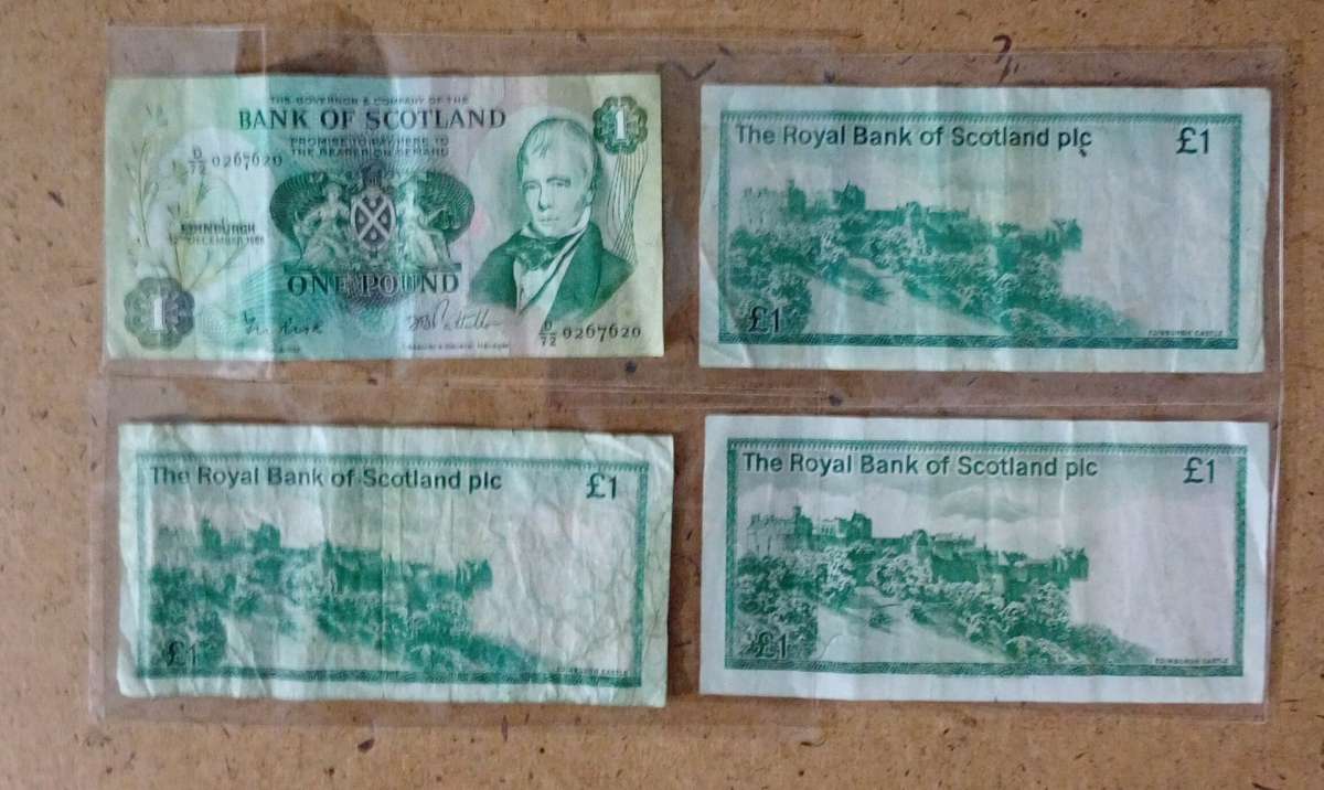 4 one pound and 3 five pound banknotes from Scotland