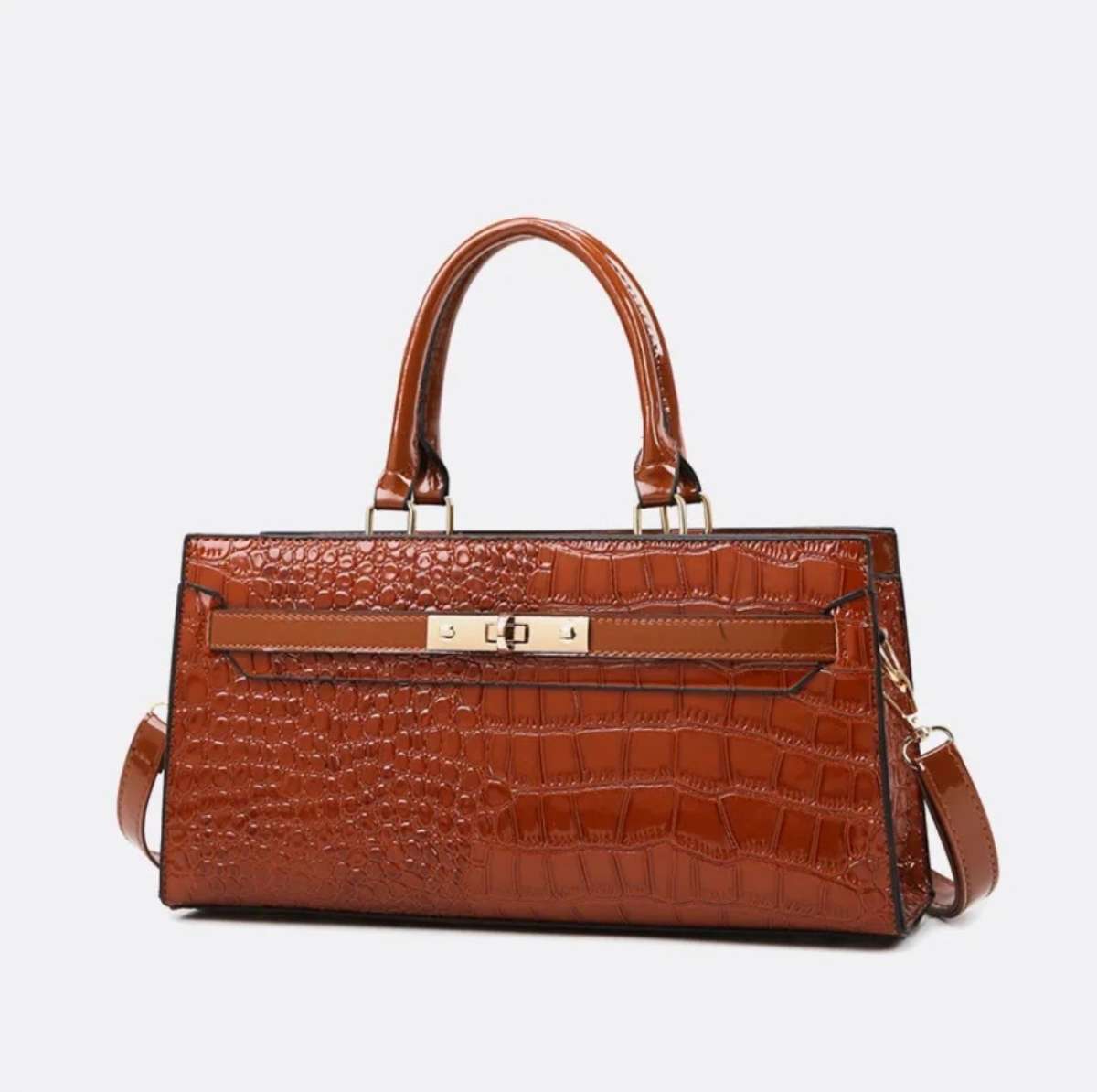 Elegant Brown Crocodile Pattern Handbag