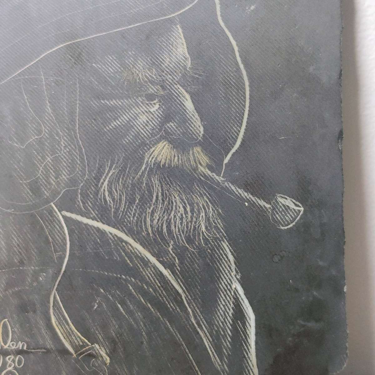 Slate drawing of a Wharf Fisherman