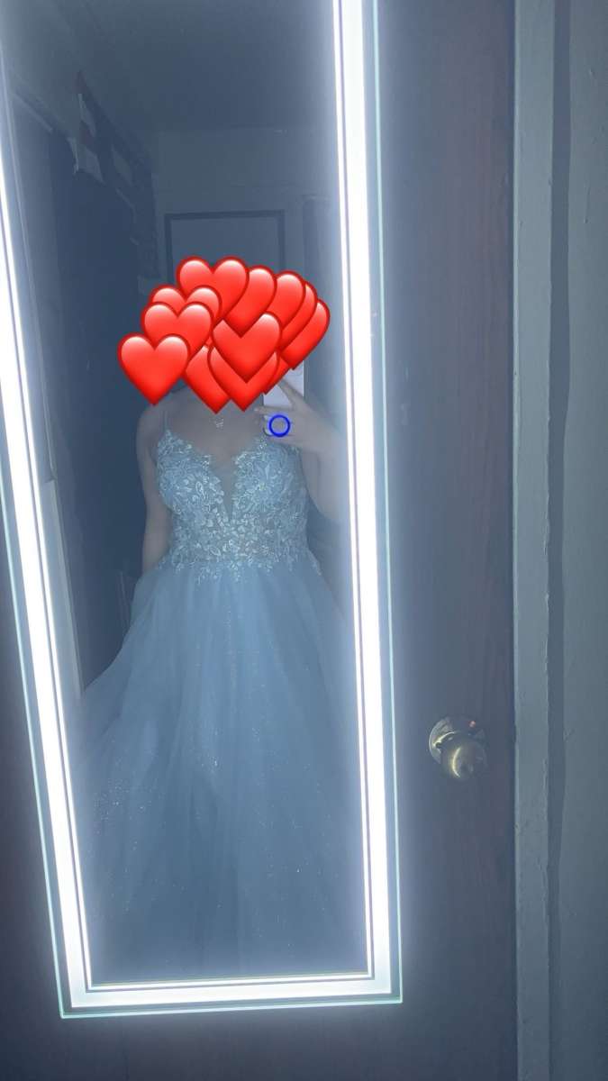 Beautiful light blue prom dress with intricate lace detailin