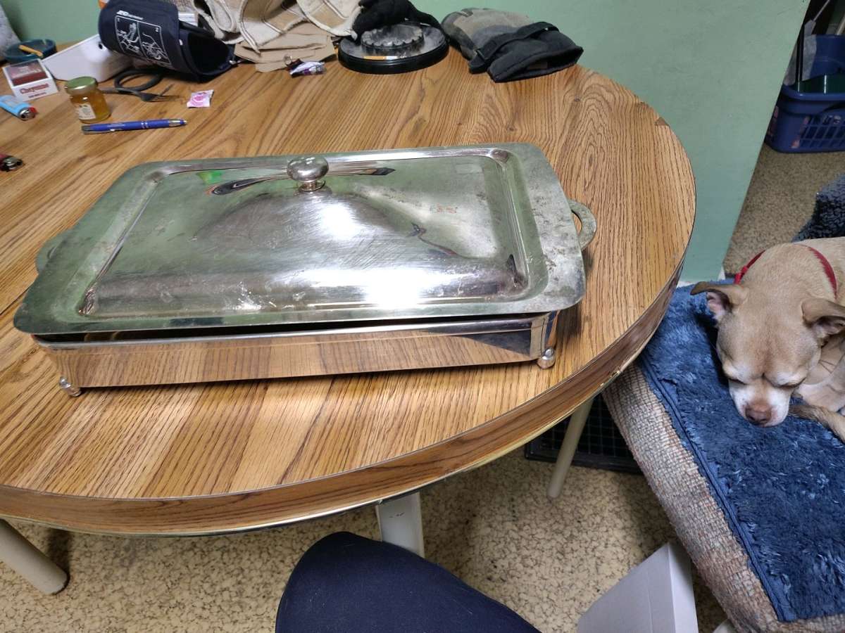 Vintage silver plated Pyrex casserole dish