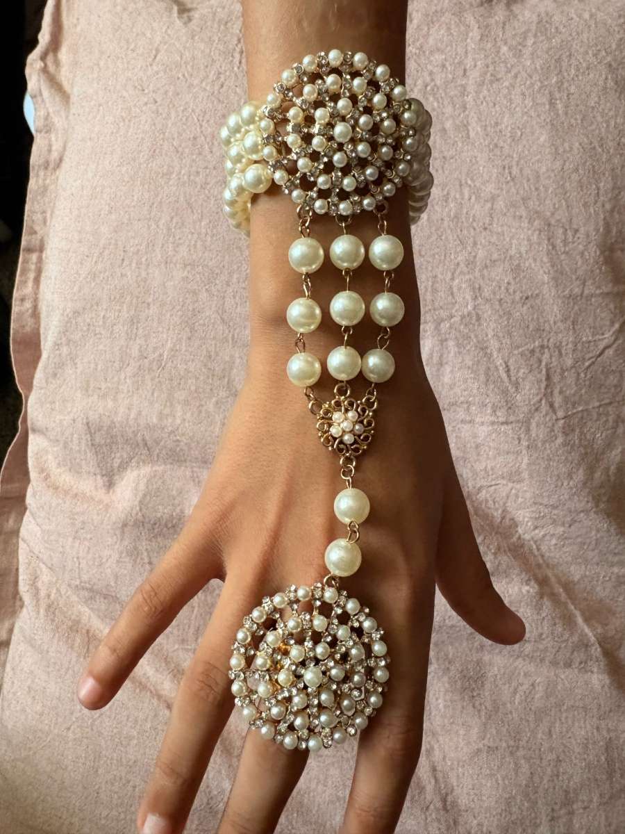 pearl and crystal hand chain bracelet