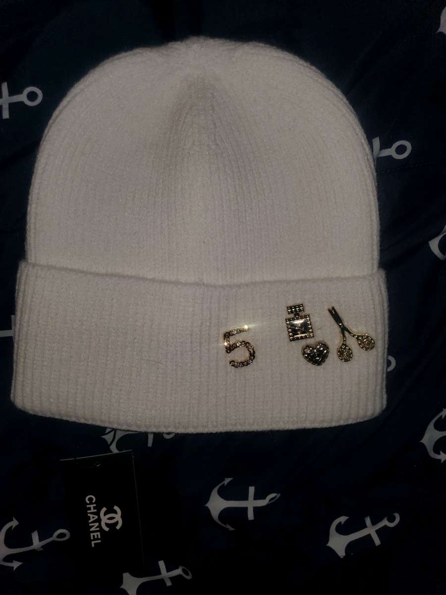 CHANEL White Beanie With Gold Emblems