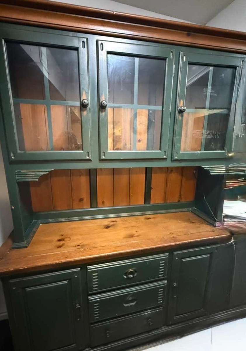 Green Wood Hutch with Glass Doors and Drawers Freestanding R