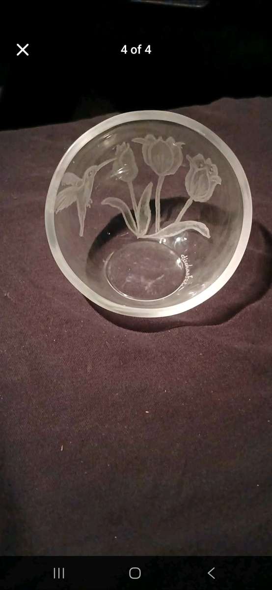 teleflora glass bowl with frosted etched tulips signed