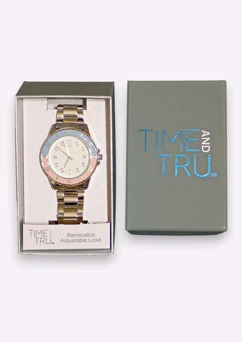 Time and Tru Womens Watch Silver Tone Adjustable Links Pink