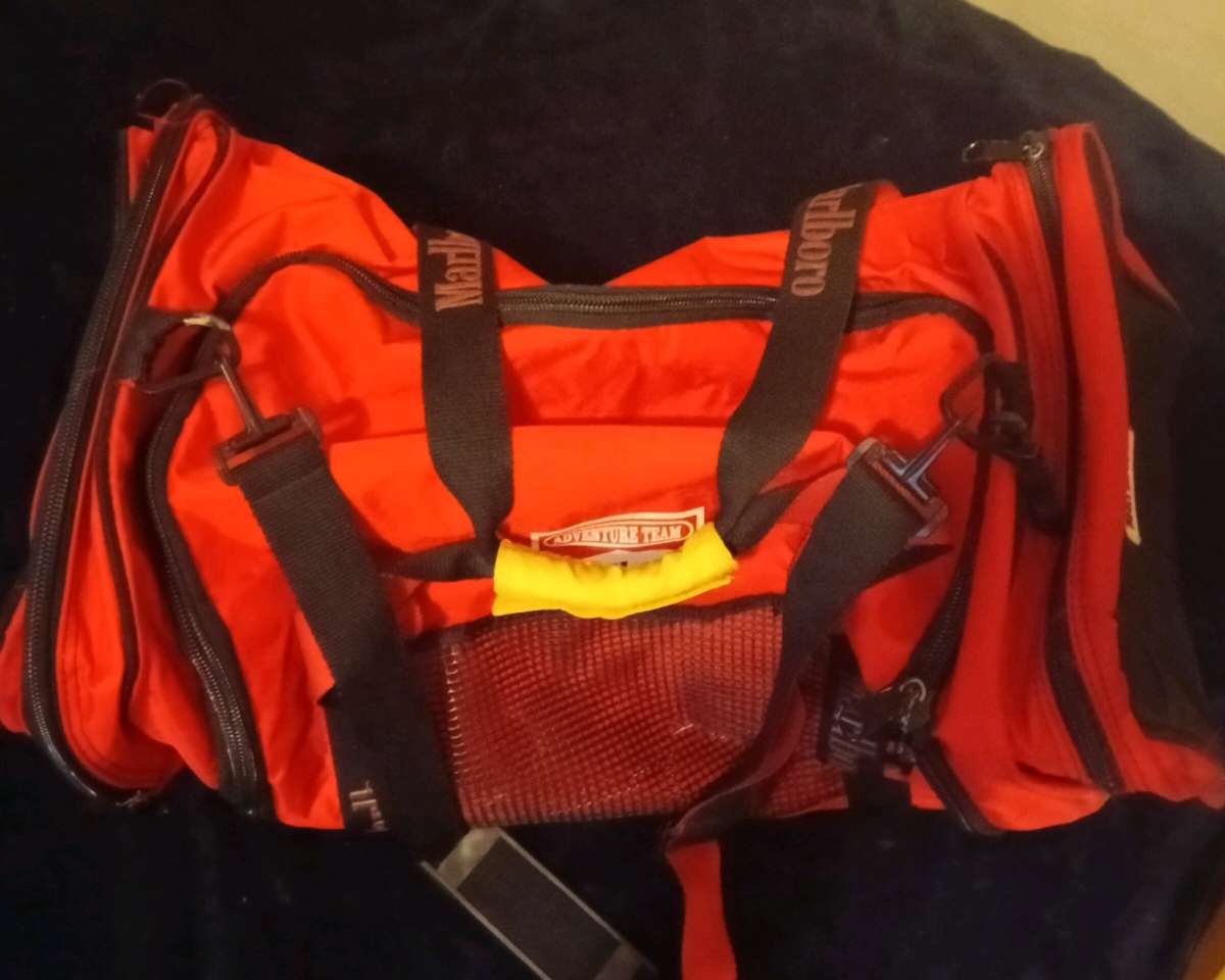 vintage red and black Marlboro duffel bag