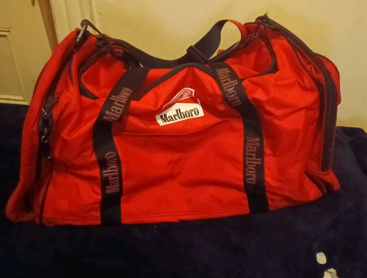 vintage red and black Marlboro duffel bag