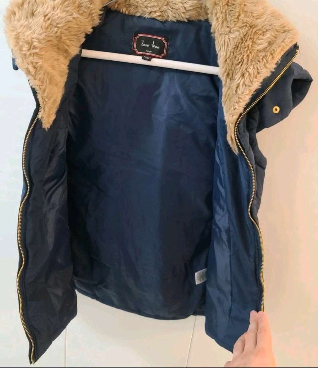 Love Tree Womens Large Blue Puffer Faux Fur Collar Jacket Ho