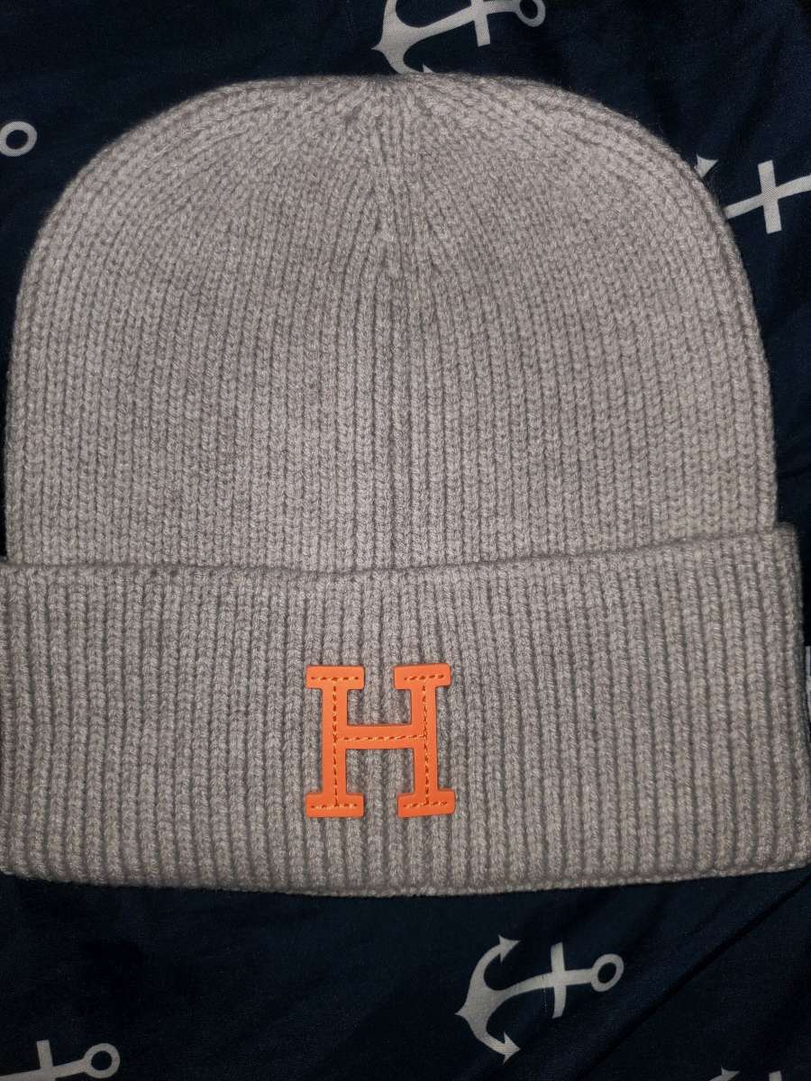 Hermes Gray Knit Beanie with Logo Patch