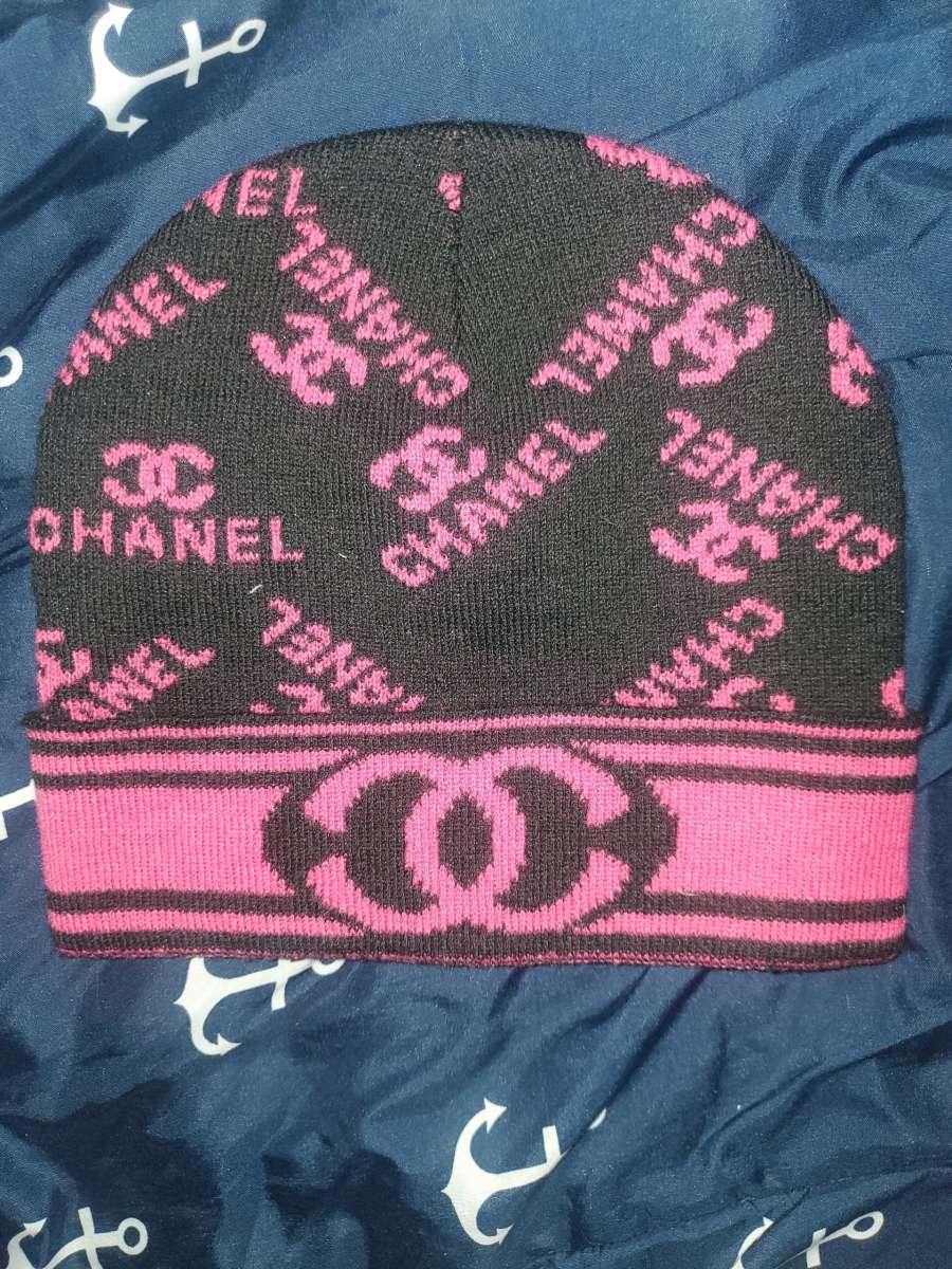 CHANEL Black and Pink Logo Beanie