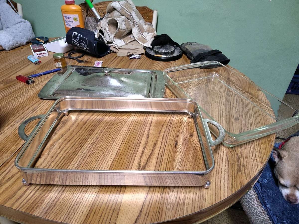Vintage silver plated Pyrex casserole dish