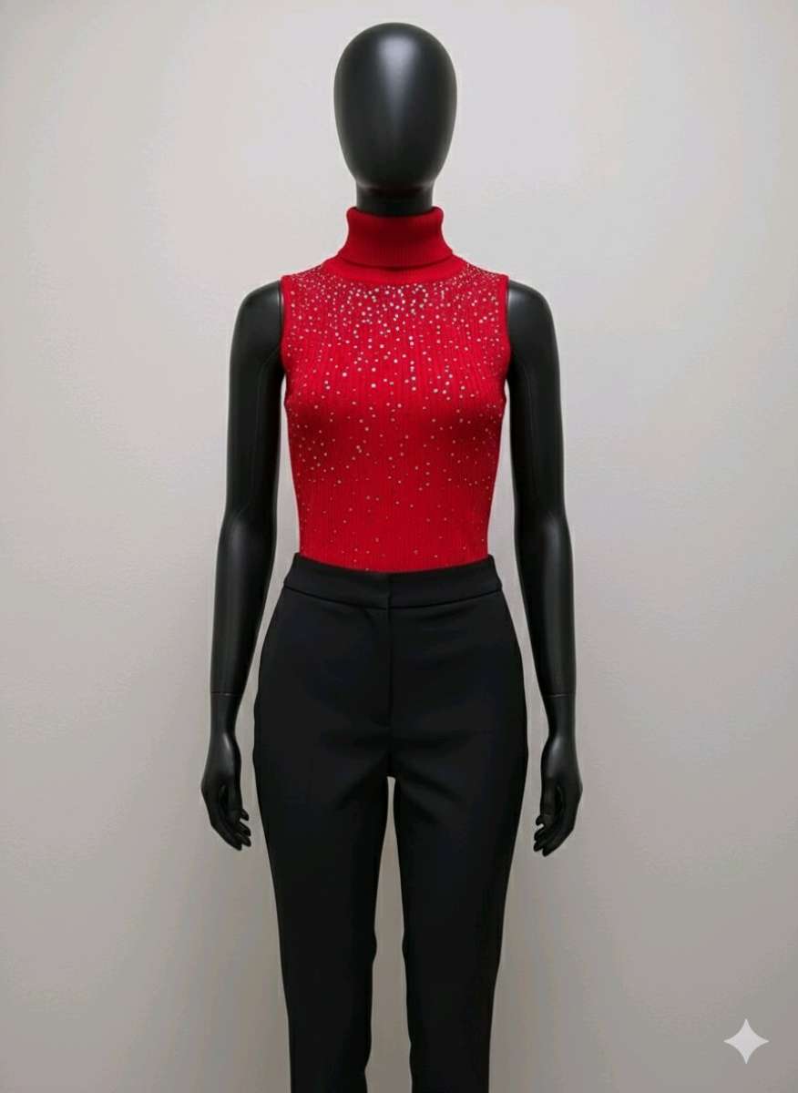 Elegant Red Ribbed Knit Turtleneck with Sparkly Crystals