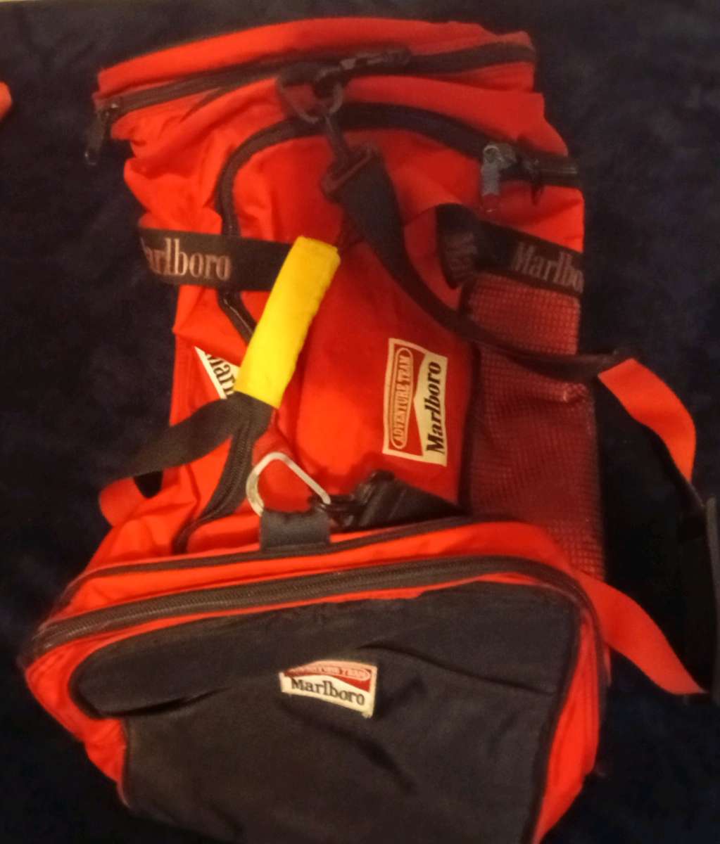 vintage red and black Marlboro duffel bag