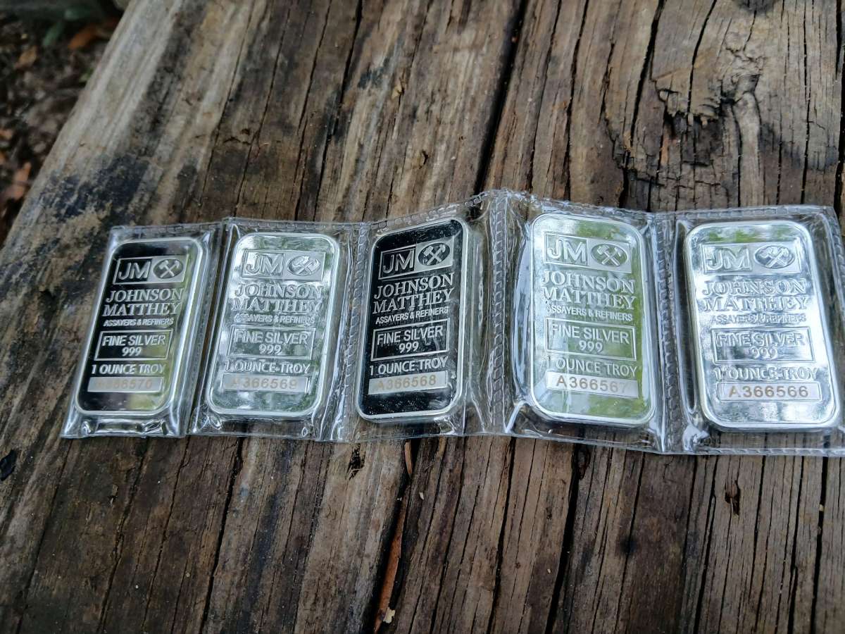 Lot of 5 1 Troy Ounce Johnson Matthey Siver Bars
