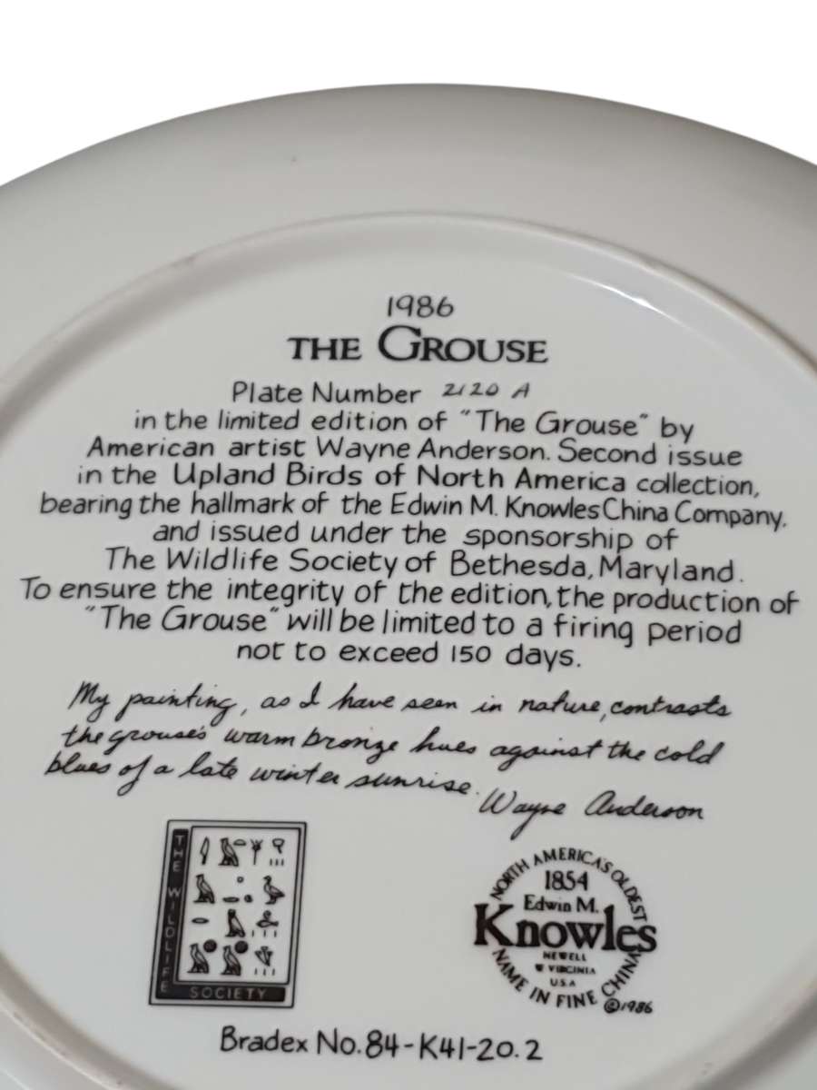 Bradford Exchange Collectors Plate  The Grouse 1986