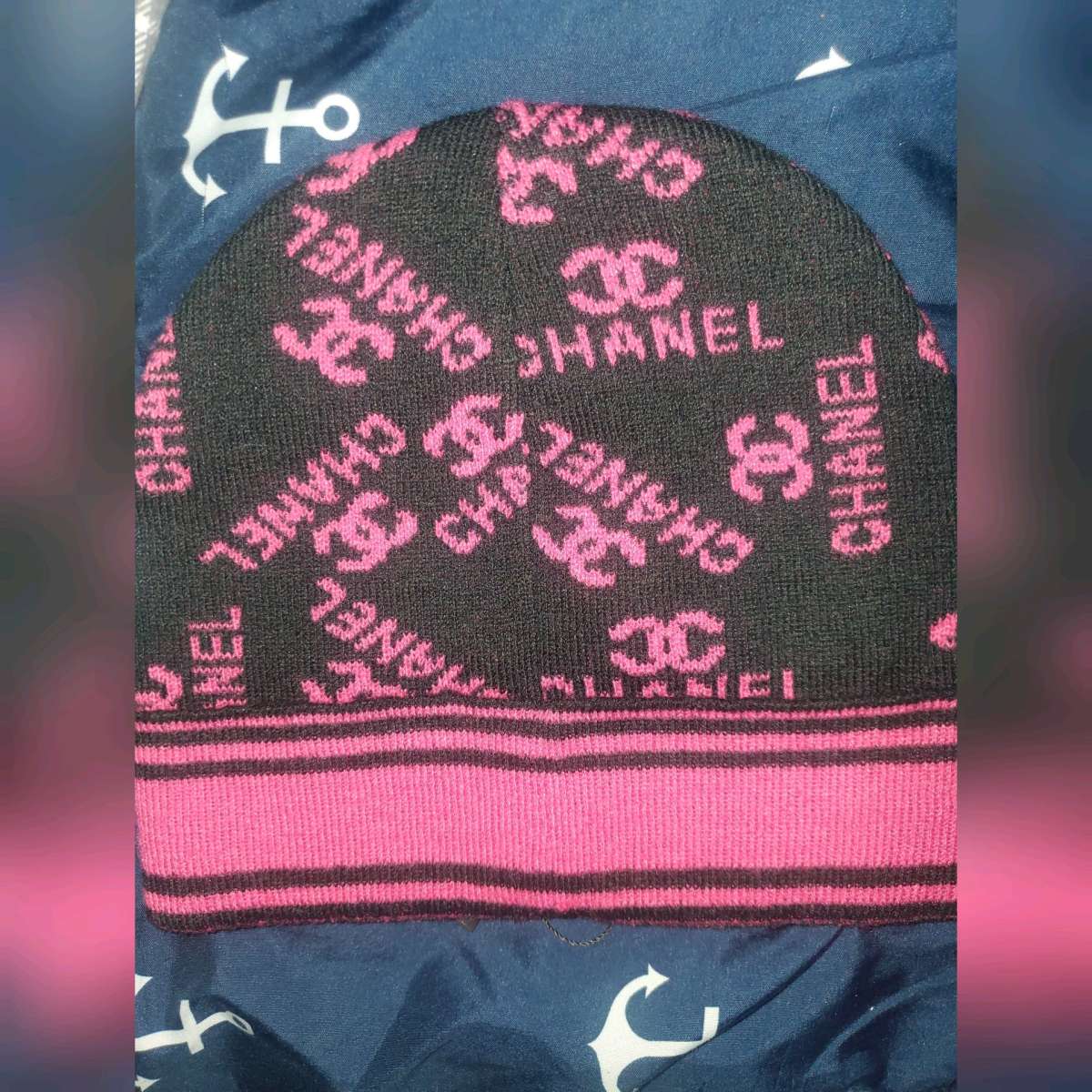 CHANEL Black and Pink Logo Beanie