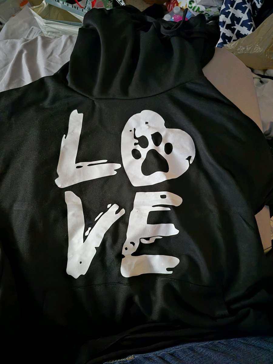NWOT black LOVE funnelneck hoodie with paw print size XL