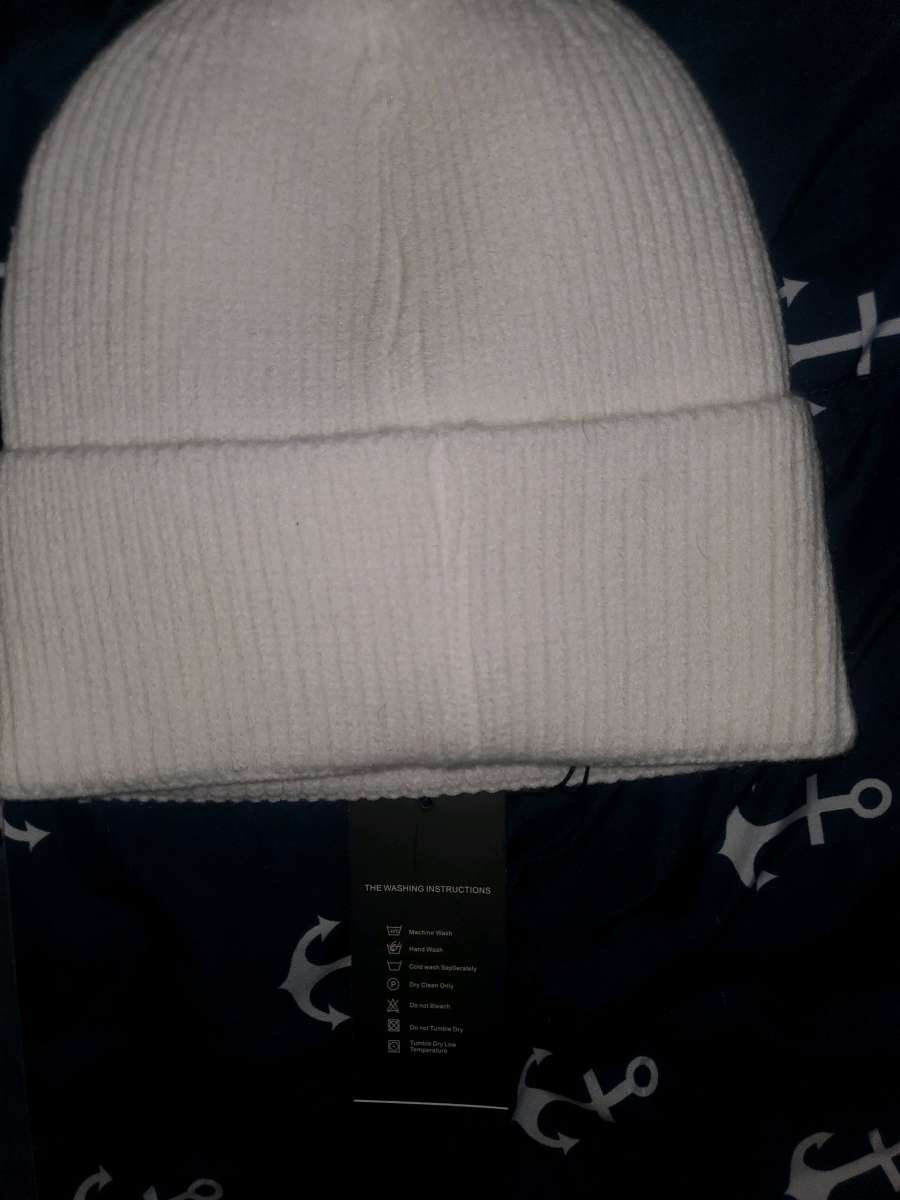 CHANEL White Beanie With Gold Emblems