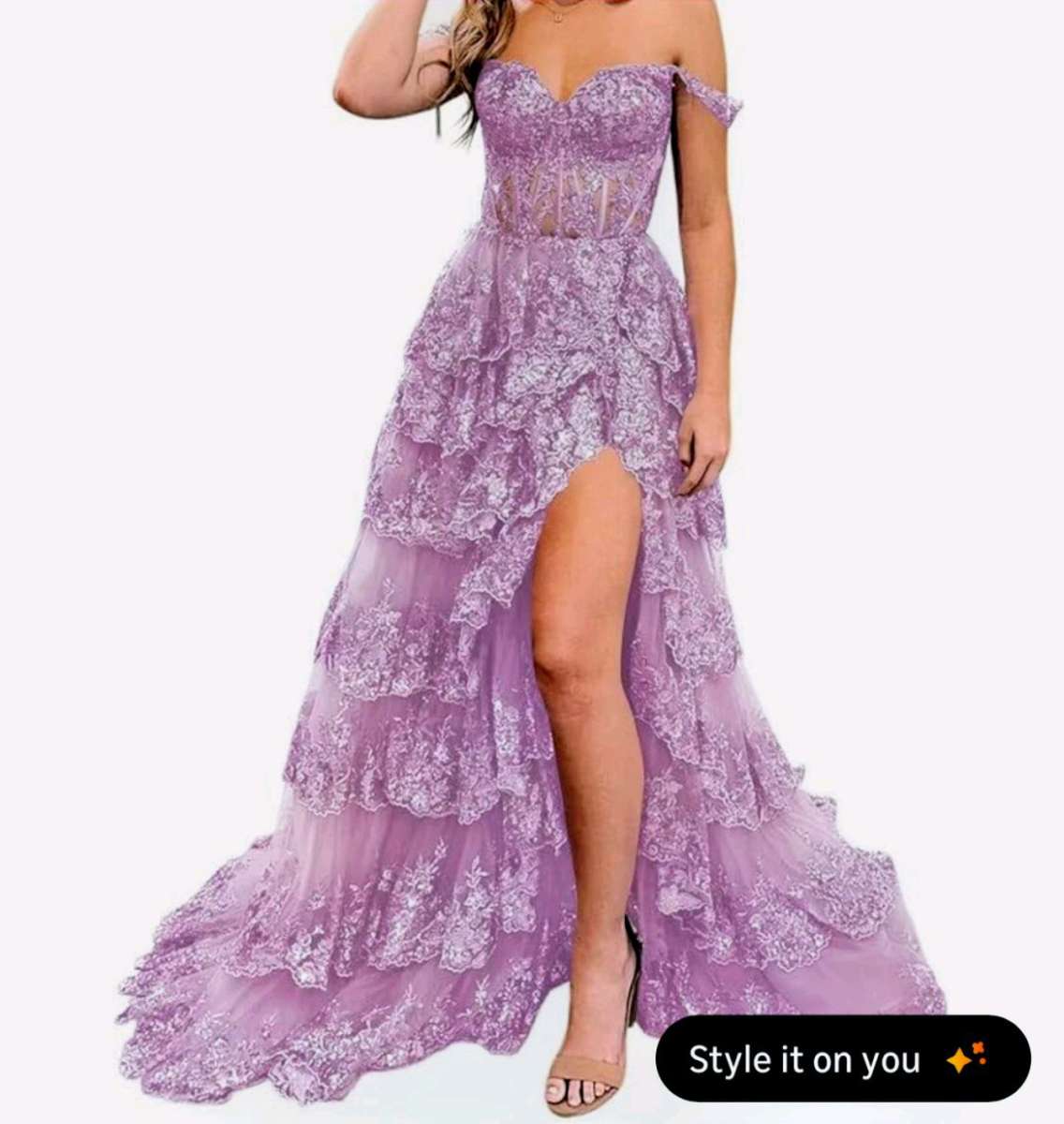 LONG LACE PROM DRESS WITH SLIT OFF THE SHOULDER LILAC COLOR