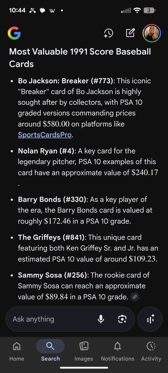 Sheet of 9 most valuable cards in set  Bo Jackson Breaker