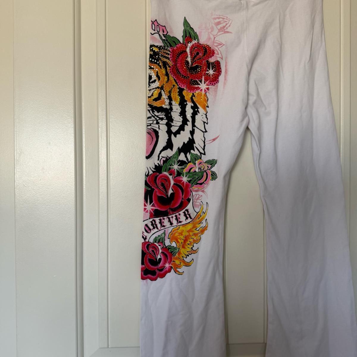 Brand New Y2K TattooInspired White Flare Pants  Rhinestone
