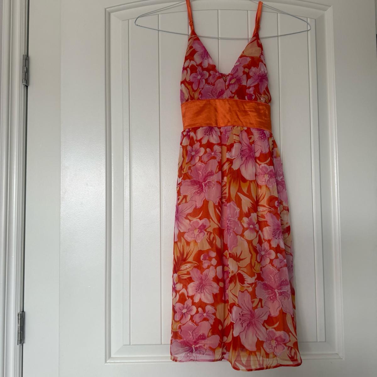 Vibrant Orange  Pink Floral Chiffon Dress with Satin Waistba