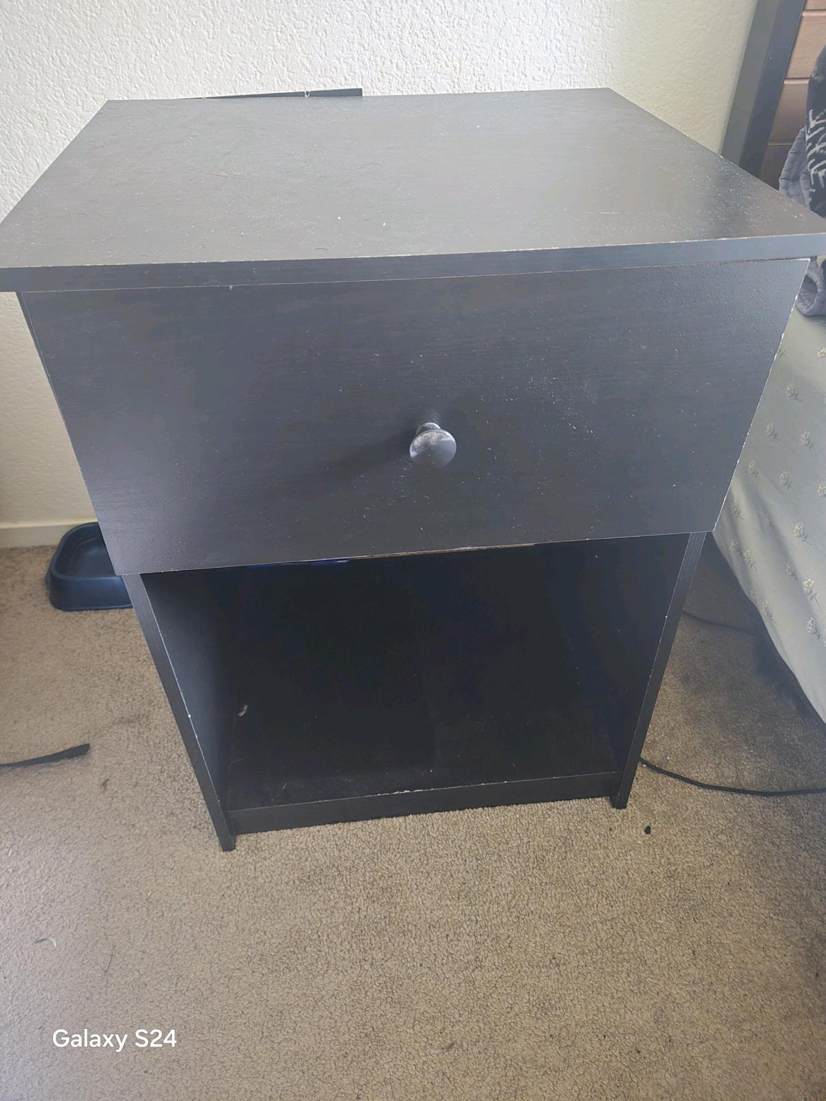 Queen Bed Frame mattress and end table