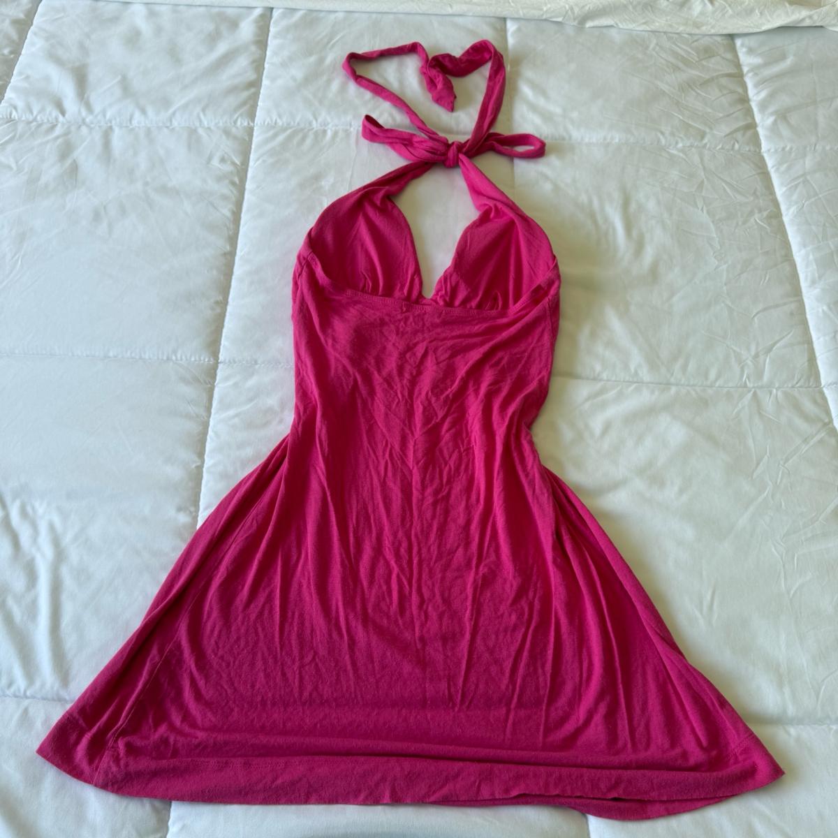 Hot Pink Halter Babydoll Mini Dress  XS  Open Back Tie Neck