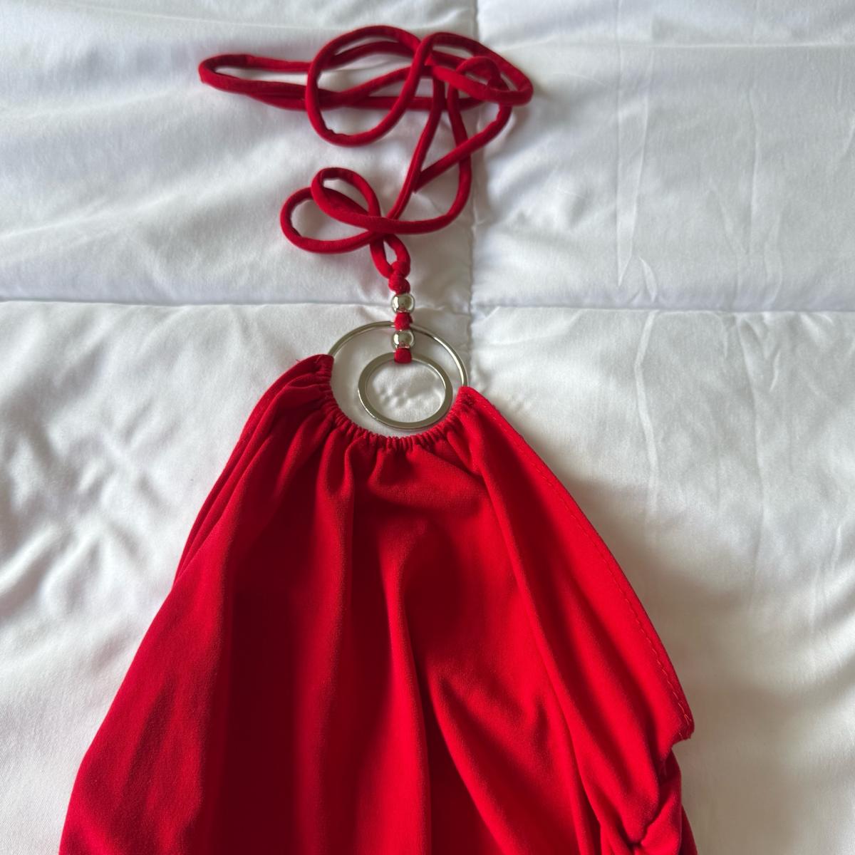 Bold Red Ruched Halter Tank with Metal Ring Detail S