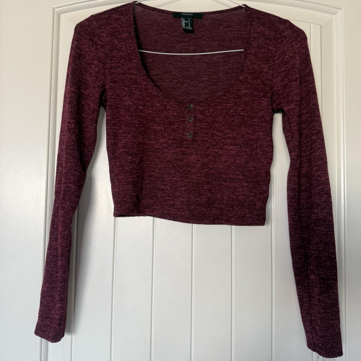 Forever 21 Burgundy Marled Cropped Henley Top  Long Sleeve S