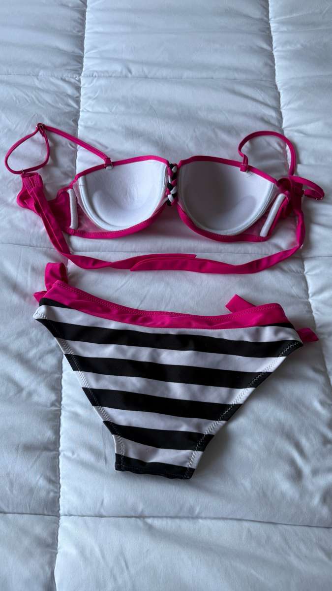 Hot Pink  Black Striped Bikini Set  Padded Bra Top with Brai