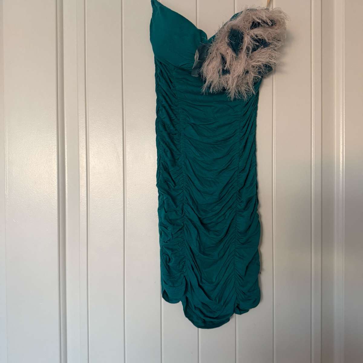 Teal Strapless Ruched Cocktail Dress with Feather Trim