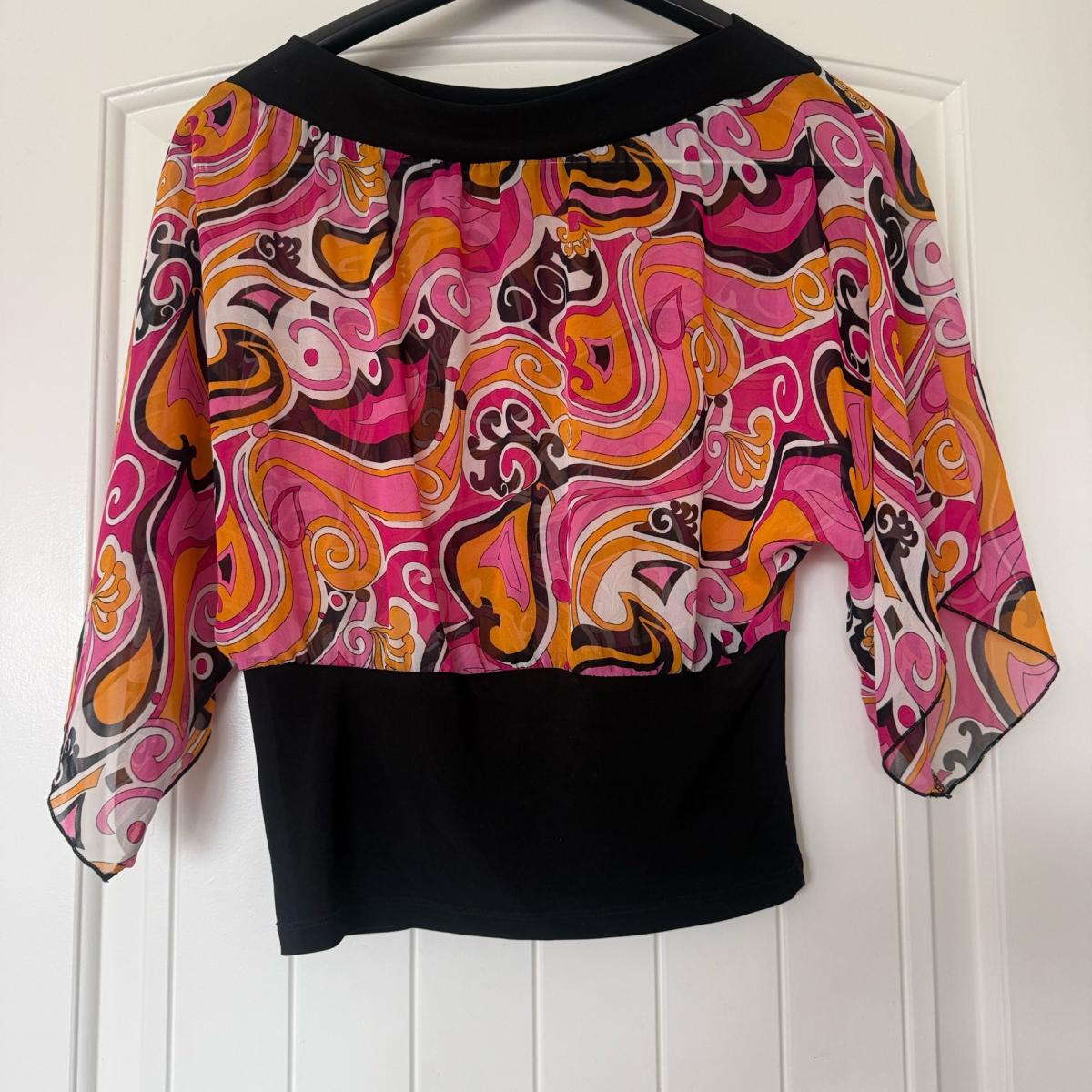 Retro Pink  Orange Paisley OffShoulder Blouse  Sheer Chiffon