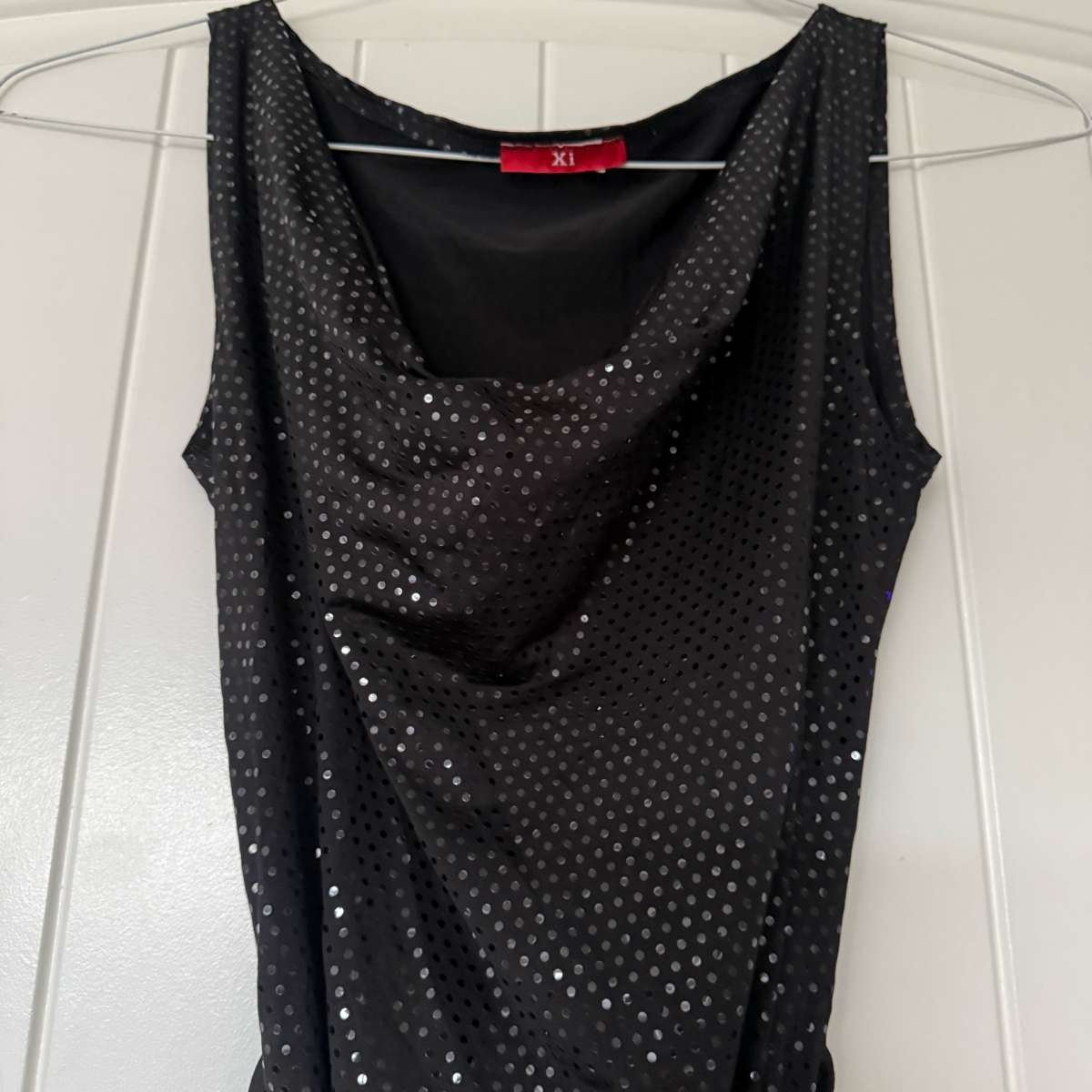Black Metallic Polka Dot Cowl Neck Cocktail Dress with Gold