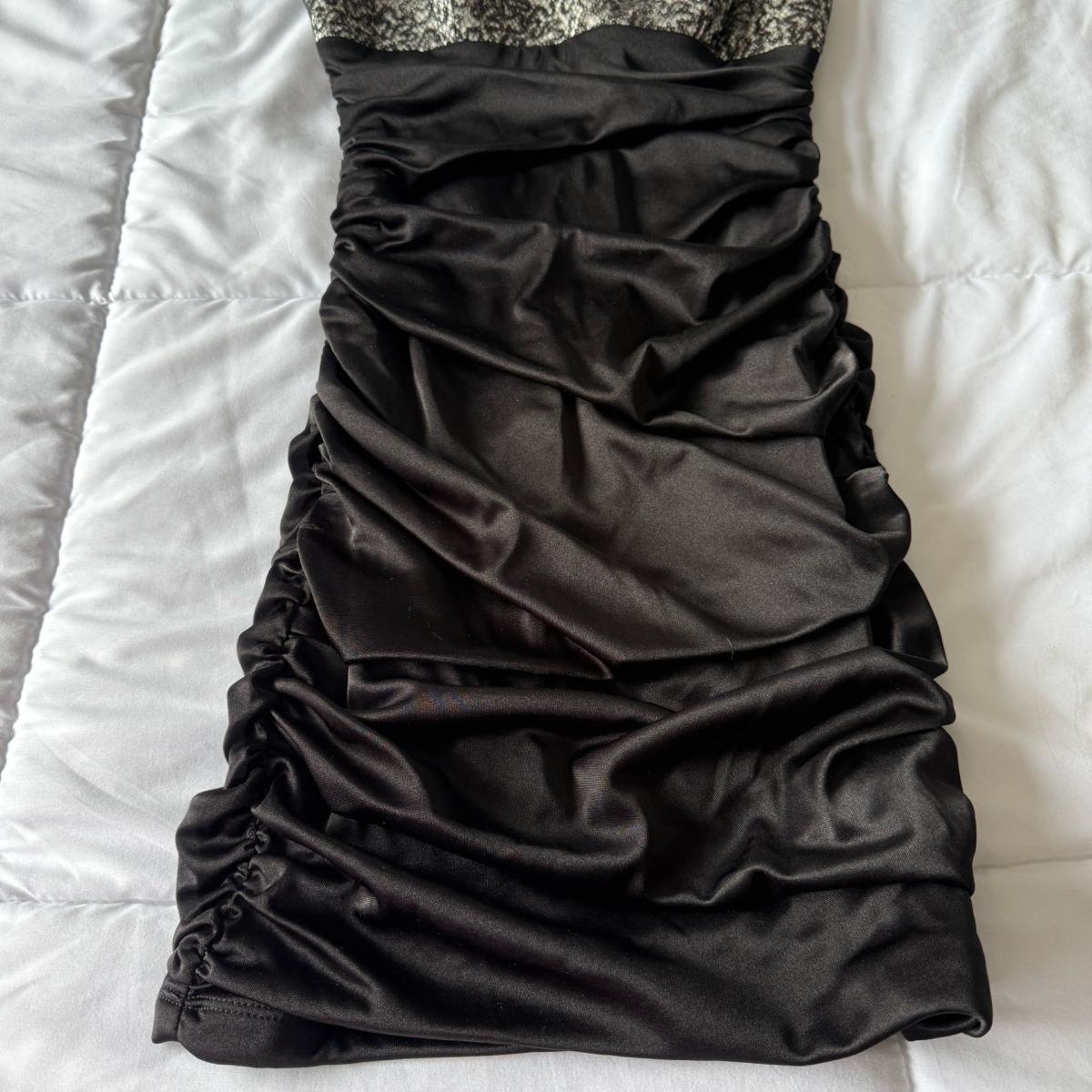 Black Satin Ruched Bodycon Mini Dress with Silver Lace Bust