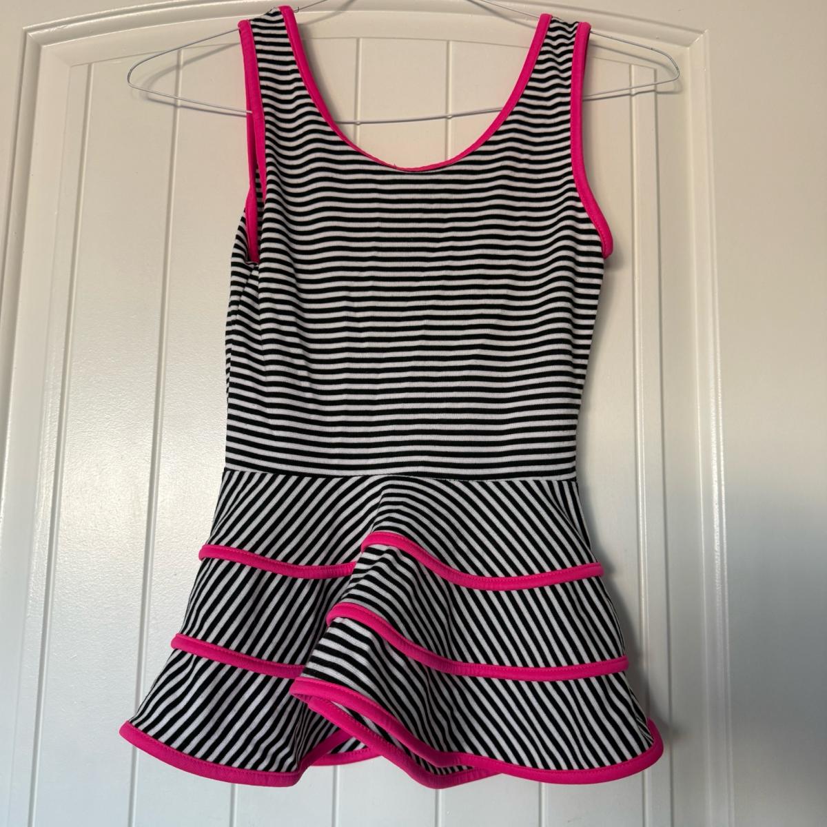 Black  White Striped Peplum Top with Hot Pink Trim  Size Sm