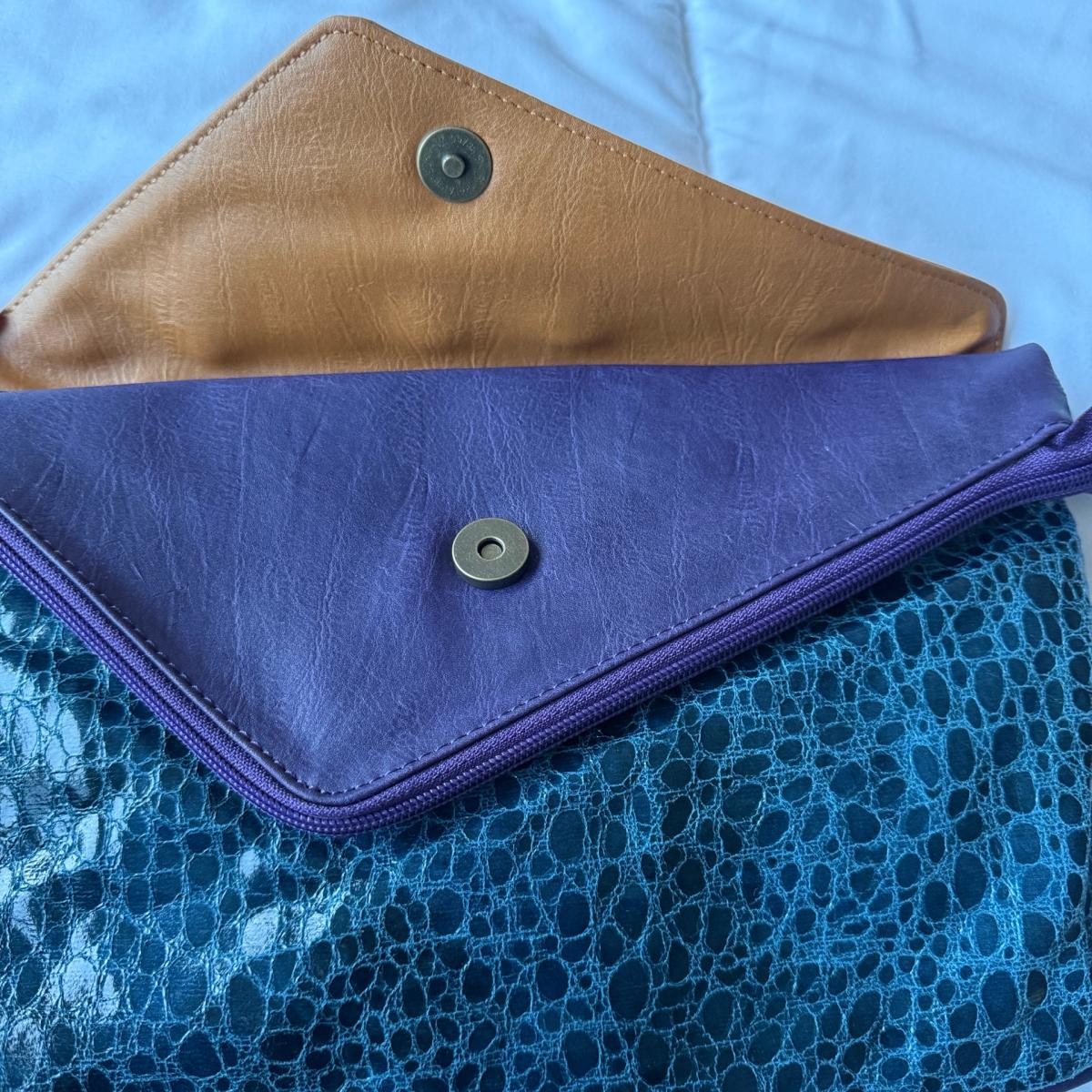 Teal CrocEmbossed Envelope Clutch  Tan  Purple Colorblock