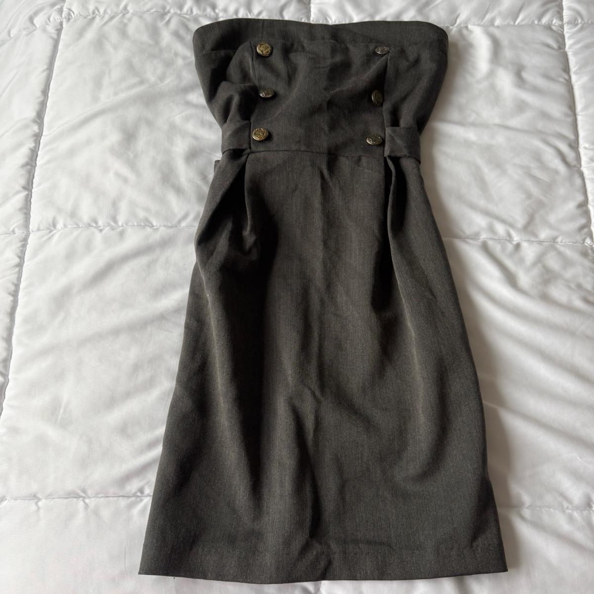 Strapless Charcoal Gray MilitaryInspired Dress with Gold Cre