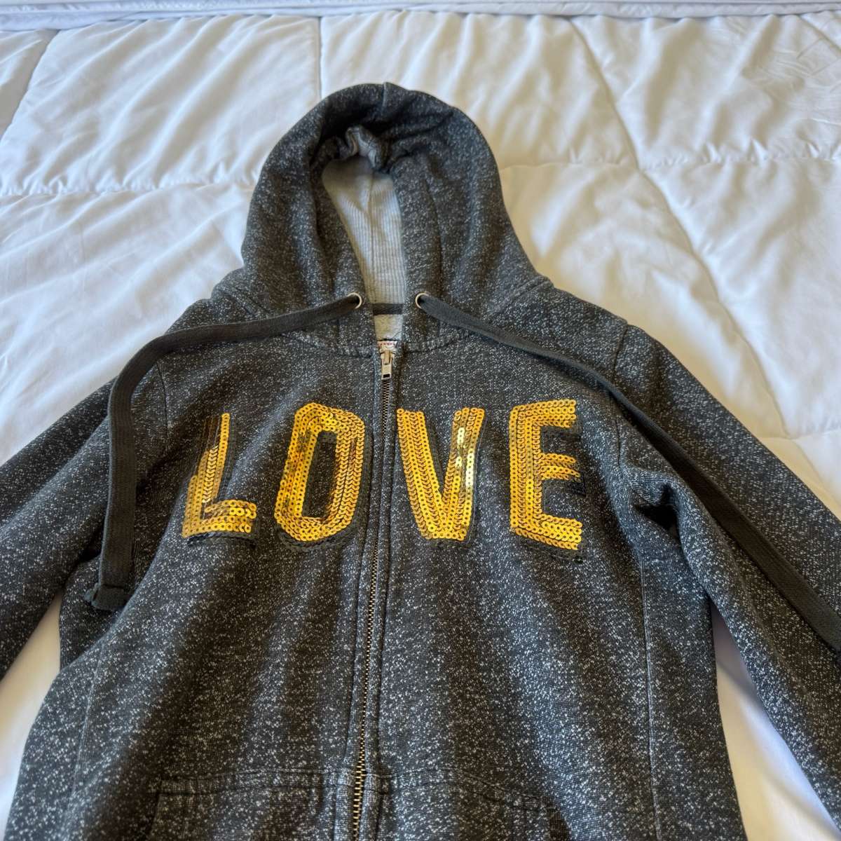 Womens Charcoal ZipUp Hoodie with Gold Sequin LOVE Graphic