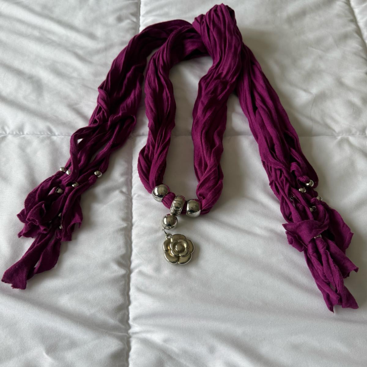 Magenta Statement Scarf Necklace with Silver Beads  Floral P